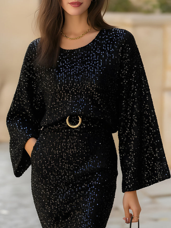 Olivia Bennet | Bell-Sleeve Belted Sequin-Knit Bodycon Dress