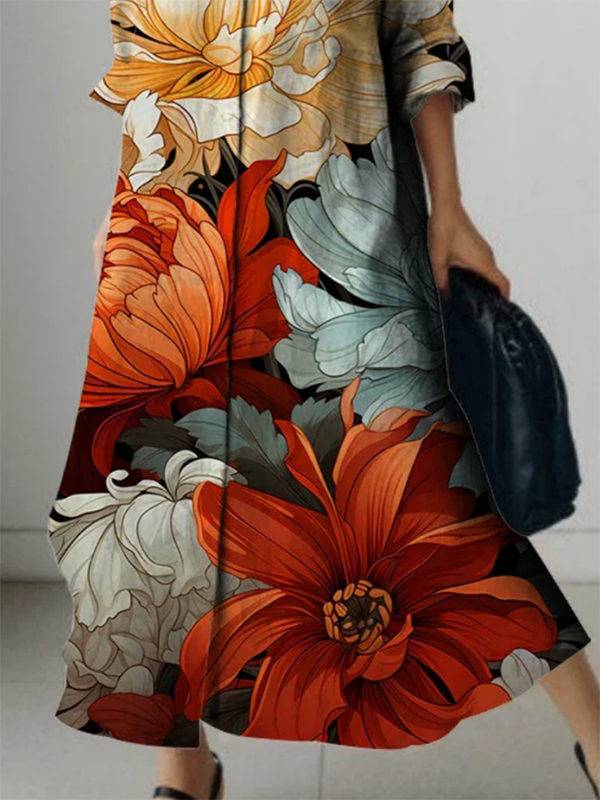 Olivia Bennet | Long Sleeves Loose Flower Print Lapel Maxi Dresses Shirt Dress