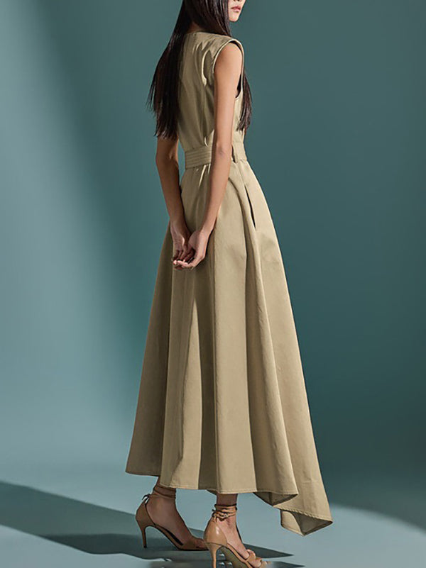 Olivia Bennet | A-Line High Waisted Belted Buttoned Pockets Solid Color Round-Neck Maxi Dresses