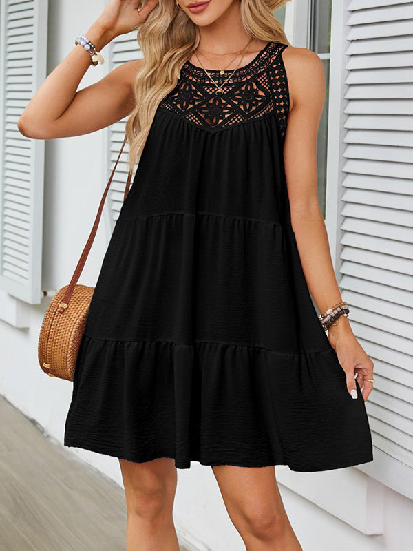 Olivia Bennet | A-Line Loose Hollow Pleated Solid Color Split-Joint Round-Neck Mini Dresses