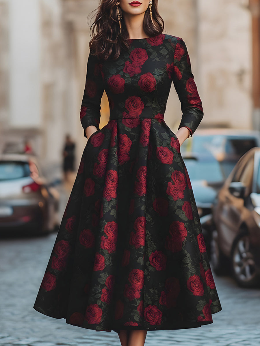 Olivia Bennet | Elegant Jacquard Rose Print Midi Dress
