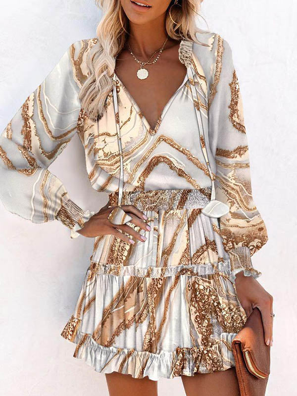 Olivia Bennet | A-Line Long Sleeves Contrast Color Pleated Split-Joint Tied V-Neck Mini Dresses