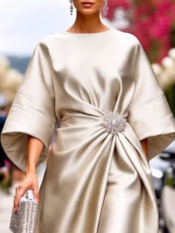 Olivia Bennet | Loose Three-Quarter Sleeves Asymmetric Pleated Split-Joint Round-Neck Maxi Dresses