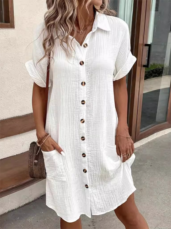 Olivia Bennet | Loose Short Sleeves Buttoned Pockets Lapel Mini Dresses