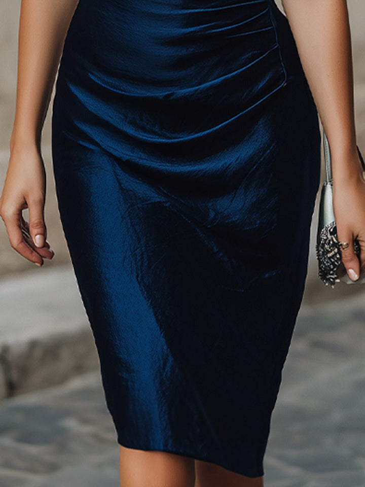 Olivia Bennet | Midnight Asymmetrical Ruched Midi Dress