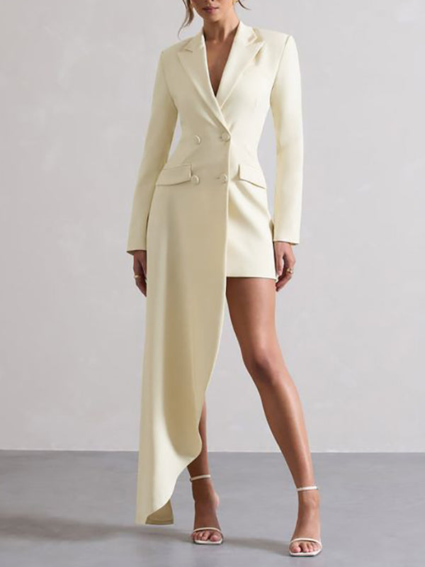 Olivia Bennet | Long Sleeves Asymmetric Buttoned Pockets Solid Color Notched Collar Blazer Maxi Dress