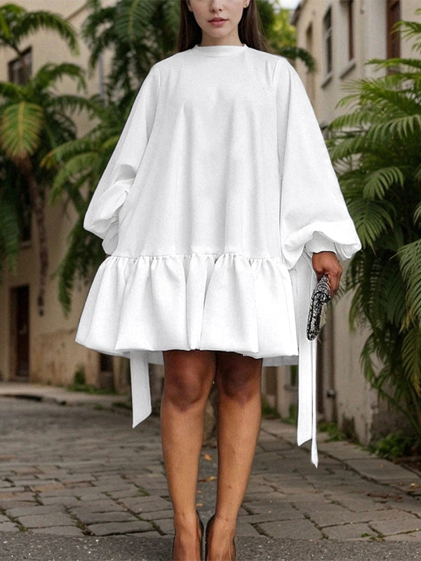 Olivia Bennet | Long Sleeves Loose Falbala Solid Color Stand Collar Mini Dresses