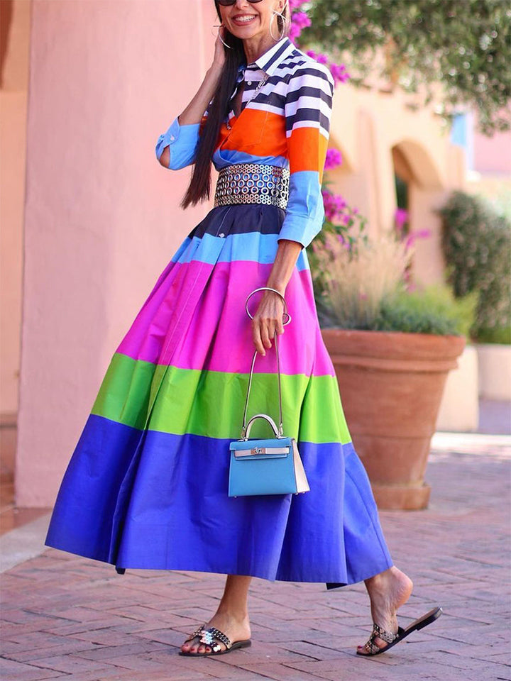Olivia Bennet | Loose Three-Quarter Sleeves Buttoned Contrast Color Striped Lapel Collar Midi Dresses