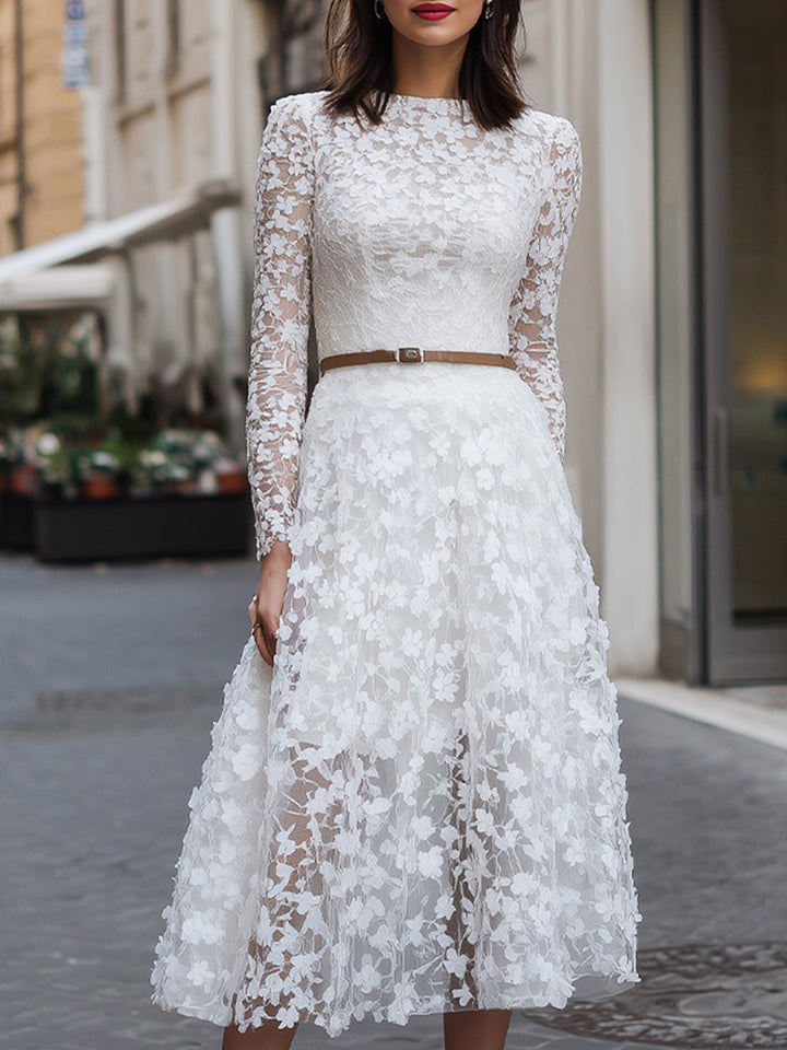 Olivia Bennet | Ivory Floral Long-Sleeve Lace Midi Dress