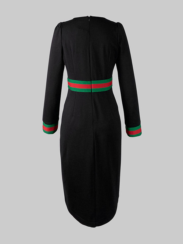 Olivia Bennet | Long Sleeves Striped Deep V-Neck Mini Dresses
