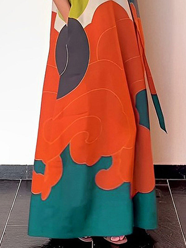 Olivia Bennet | Long Sleeves Loose Printed Split-Joint Round-Neck Maxi Dresses