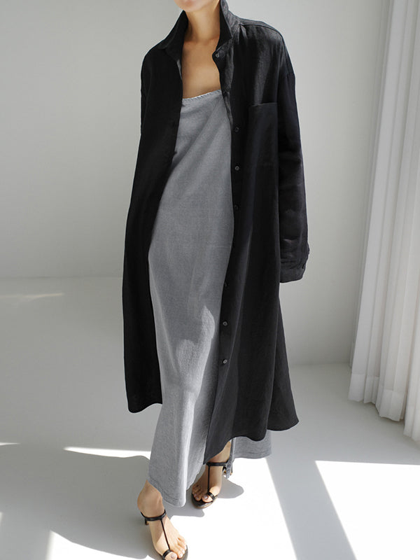 Olivia Bennet | Simple Long Sleeves Split-Side Solid Color Lapel Midi Dresses Shirt Dress