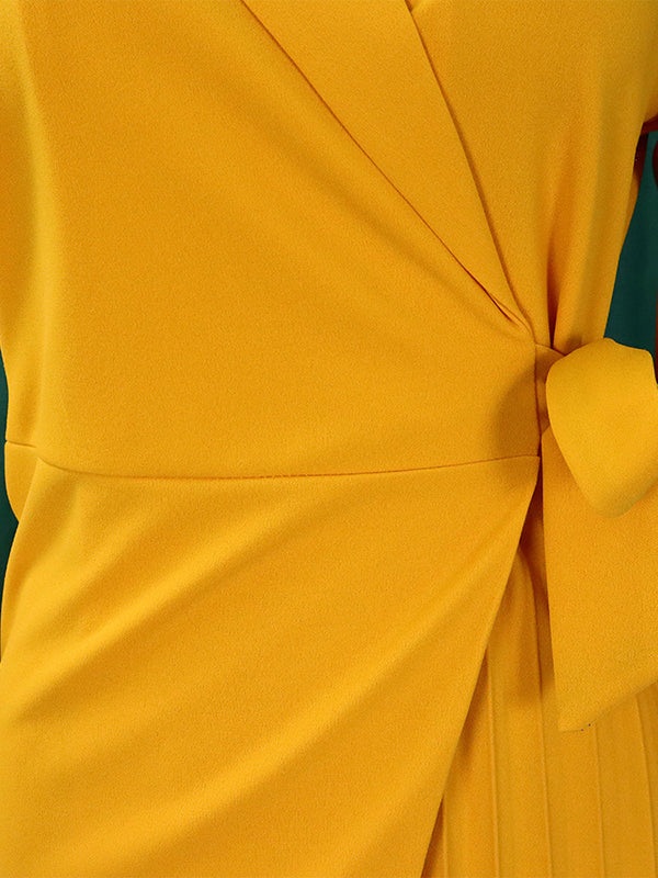 Olivia Bennet | Three-Quarter Sleeves Pleated Solid Color Split-Front Tied Waist V-Neck Mini Dresses