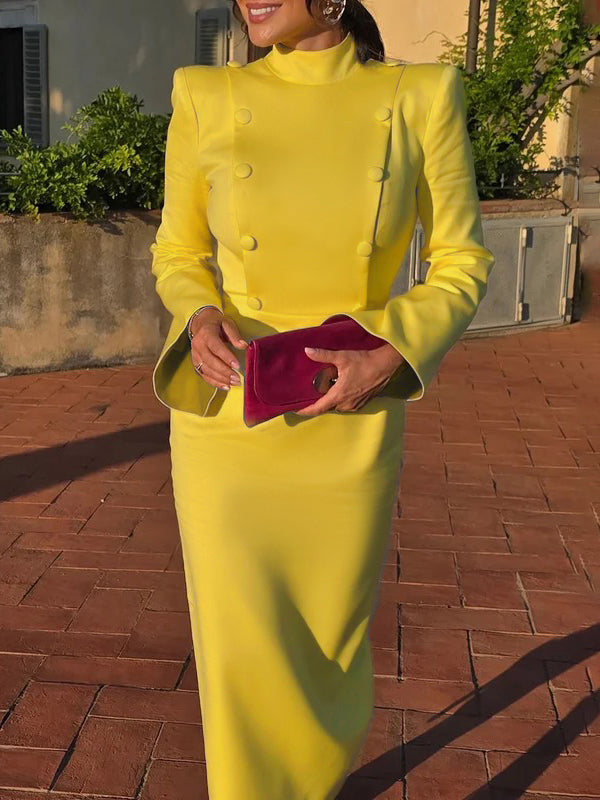 Olivia Bennet | Flared Sleeves High Waisted Buttoned Solid Color Mock Neck Midi Dresses