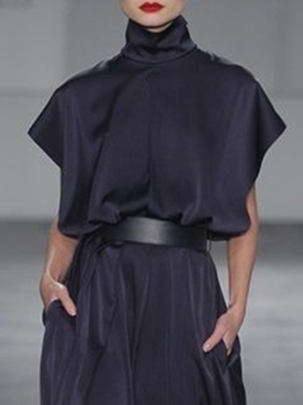 Olivia Bennet | Loose Raglan Sleeve Solid Color Split-Joint Tied Waist High Neck Maxi Dresses