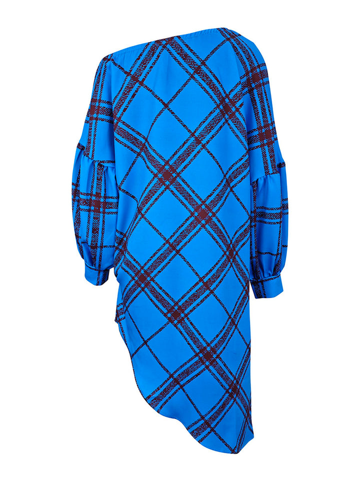 Olivia Bennet | Long Sleeves Puff Sleeves Asymmetric Contrast Color Plaid Pleated One-Shoulder Mini Dresses