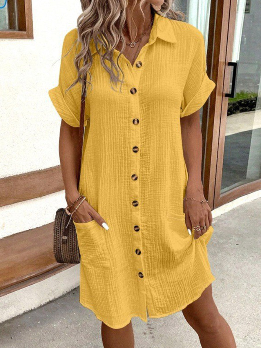Olivia Bennet | Half Sleeves Loose Buttoned Pockets Solid Color Lapel Mini Dresses