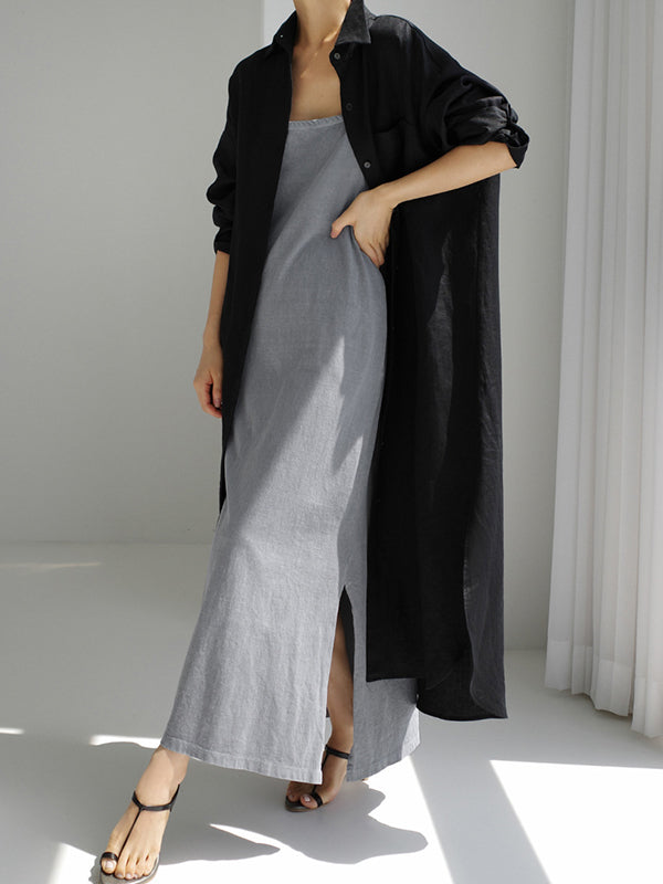 Olivia Bennet | Simple Long Sleeves Split-Side Solid Color Lapel Midi Dresses Shirt Dress