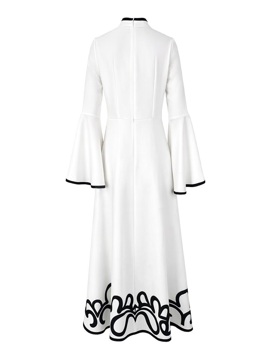Olivia Bennet | A-Line Flared Sleeves Abstract Printed Contrast Color Hollow Line Split-Joint Stand Collar Maxi Dresses