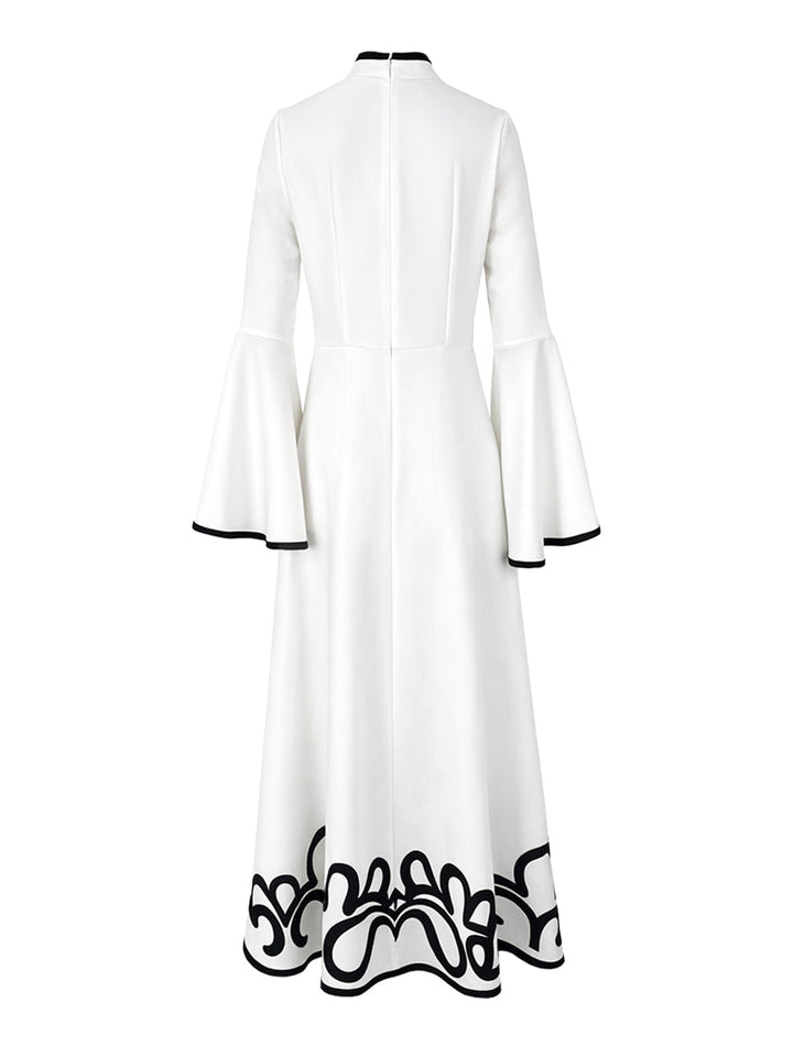 Olivia Bennet | A-Line Flared Sleeves Abstract Printed Contrast Color Hollow Line Split-Joint Stand Collar Maxi Dresses