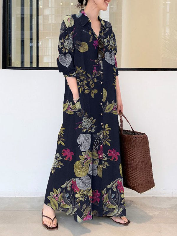 Olivia Bennet | Loose Plus Size Printed Split-Joint Lapel Maxi Dresses Shirt Dress