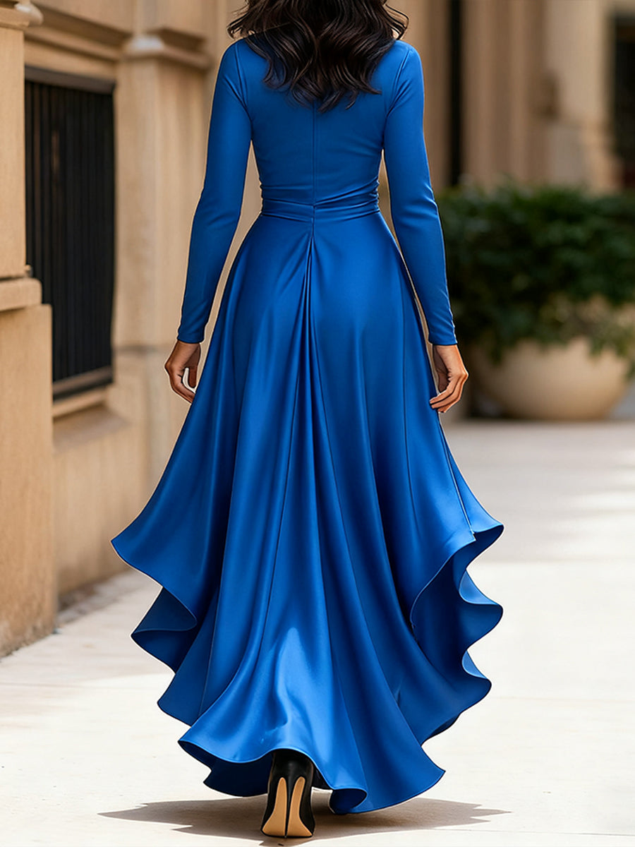 Olivia Bennet | Midnight Blue Draped Ruffled Satin Maxi Dress