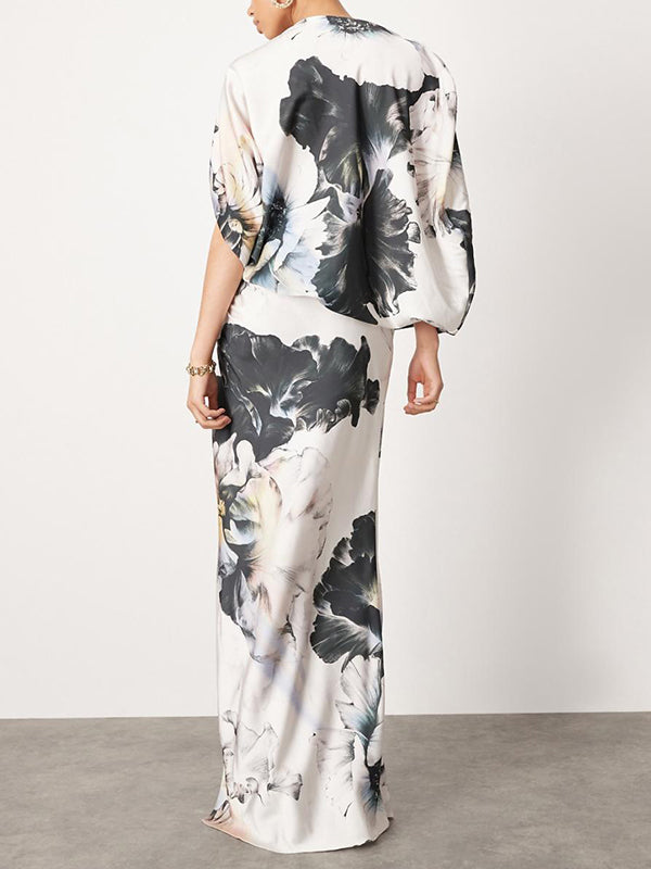 Olivia Bennet | Batwing Sleeves Loose Asymmetric Floral Printed Split-Joint Split-Side One-Shoulder Evening Dresses Maxi Dresses
