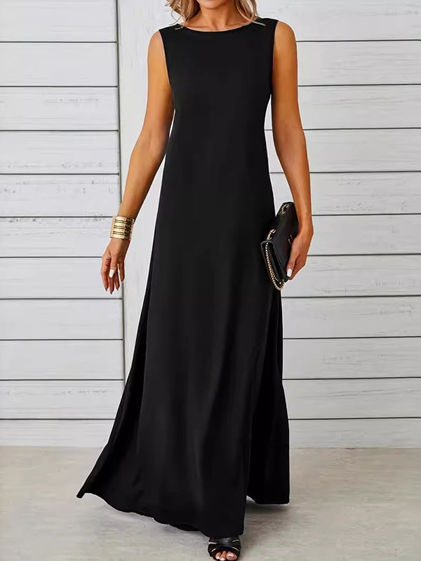 Olivia Bennet | A-Line Loose Solid Color Round-Neck Maxi Dresses