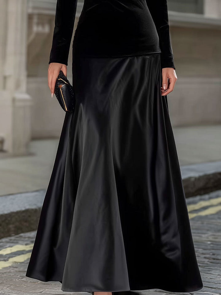 Olivia Bennet | Black Long-Sleeve A-Line Velvet and Satin Evening Gown