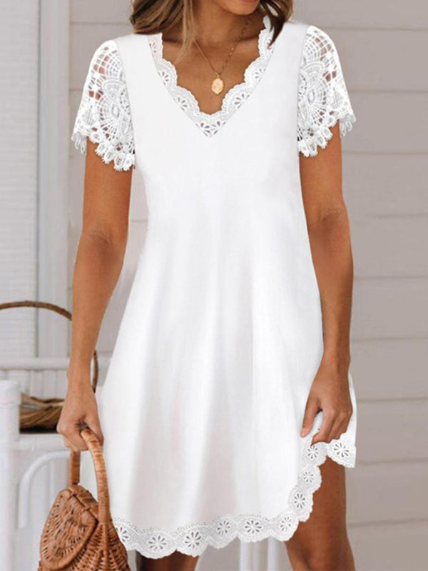 Olivia Bennet | Loose Short Sleeves Solid Color Split-Joint V-Neck Mini Dresses