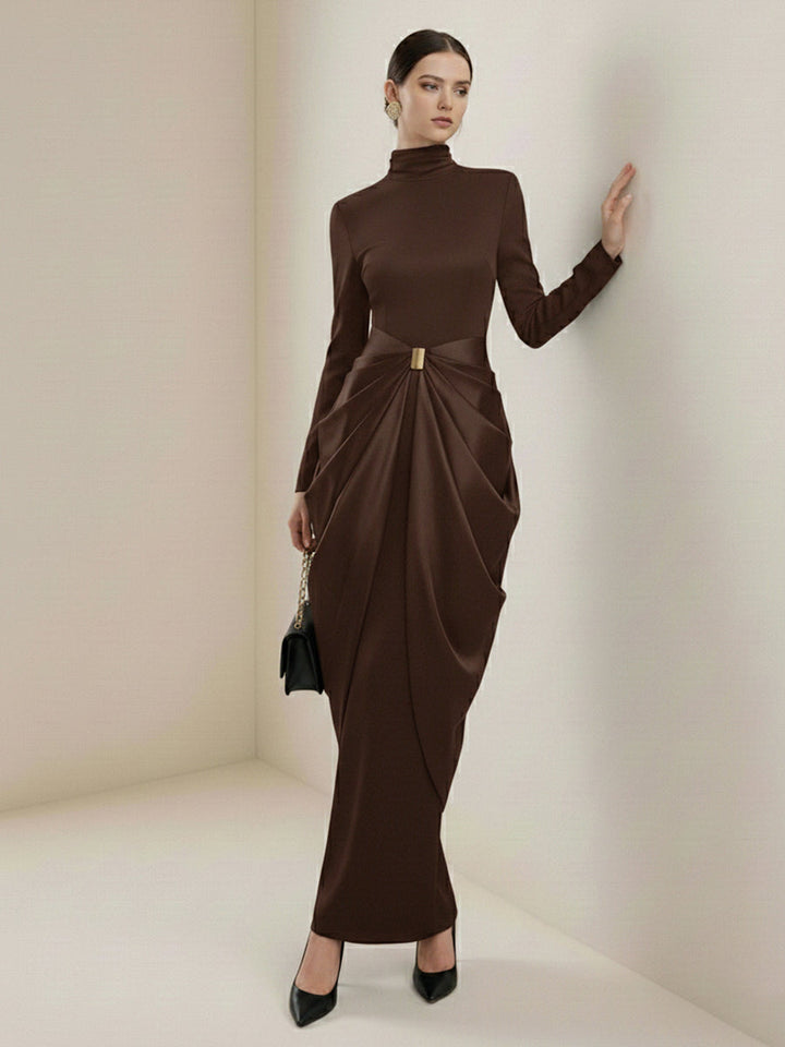 Olivia Bennet | Long Sleeves Buckle Draped High-Neck Evening Dresses Maxi Dresses