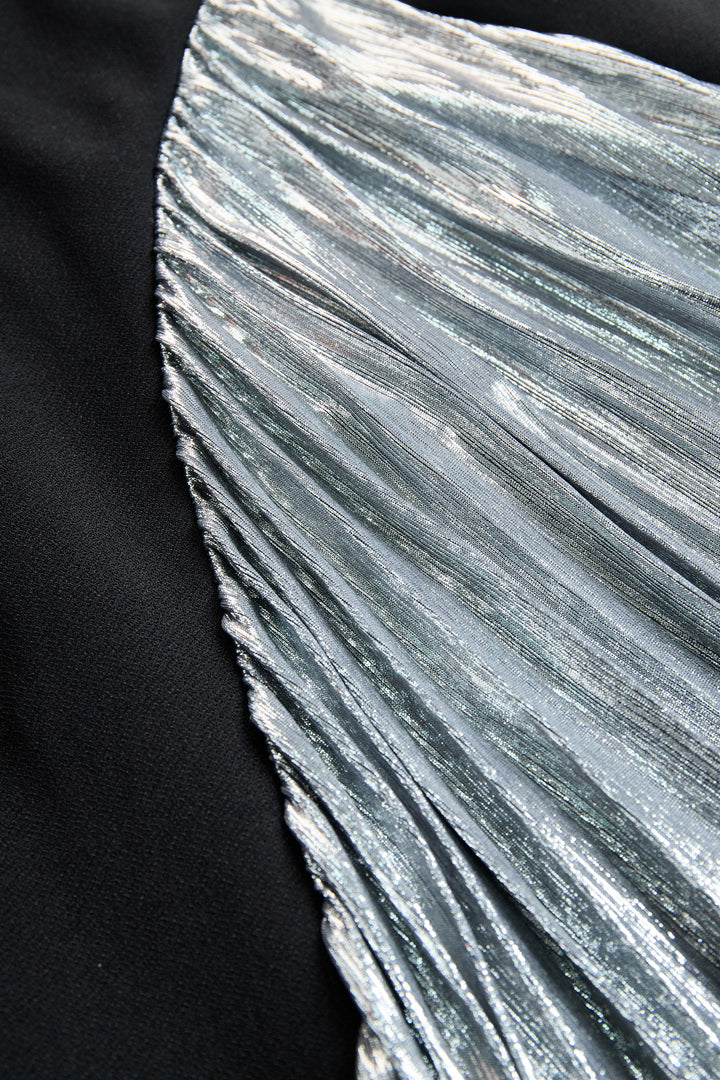 Olivia Bennet | Elegant Tuxedo-Inspired Silver Slit Gown