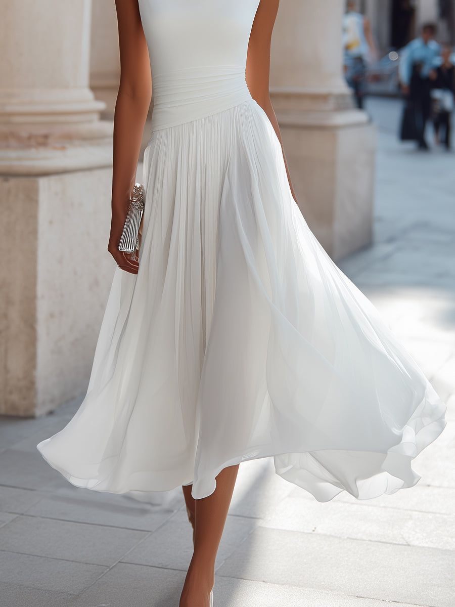Olivia Bennet | Draped Neck Sleeveless Pleated Midi Dress