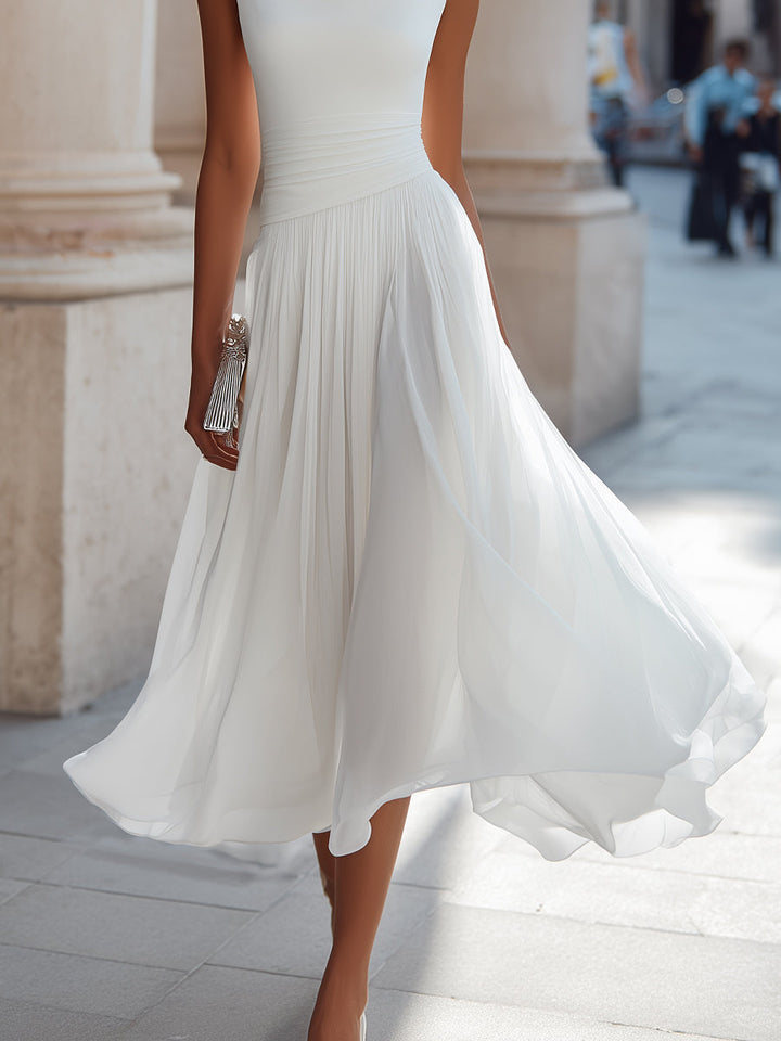Olivia Bennet | Draped Neck Sleeveless Pleated Midi Dress