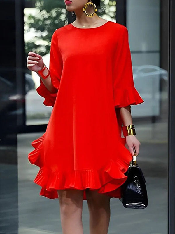 Olivia Bennet | Half Sleeves Loose Falbala Solid Color Round-Neck Midi Dresses Short Dresses