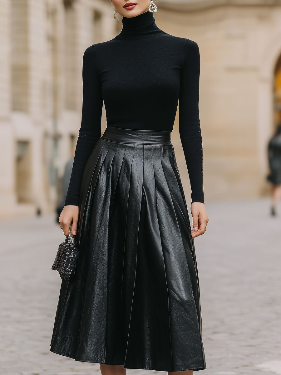 Olivia Bennet | Black Ribbed Turtleneck & High-Waist Pleated Leather Skirt Set