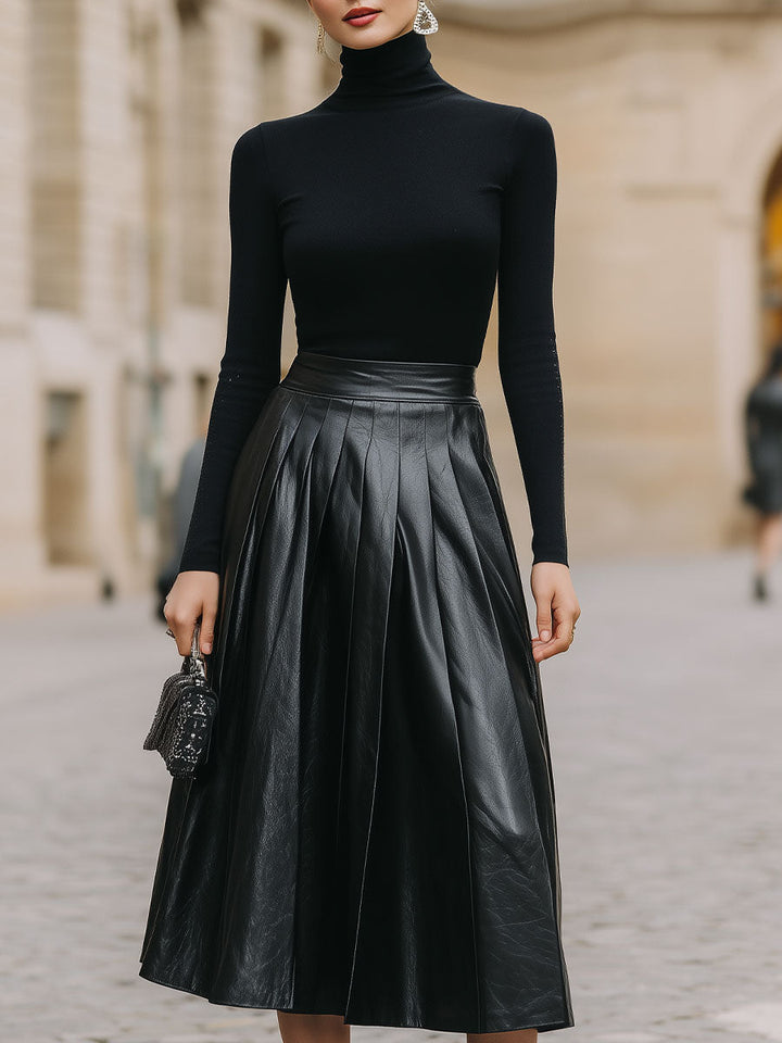 Olivia Bennet | Black Ribbed Turtleneck & High-Waist Pleated Leather Skirt Set