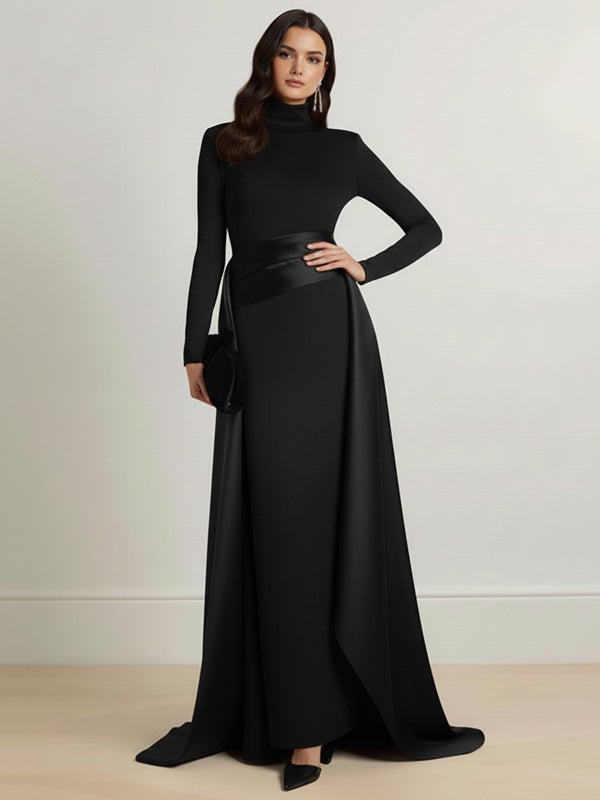 Olivia Bennet | Bodycon Elasticated Waist Asymmetric Solid Color Split-Joint High Neck Maxi Dresses