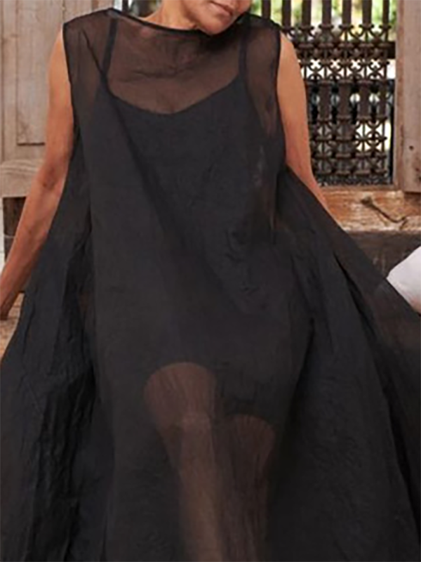 Olivia Bennet | A-Line Loose Pockets See-Through Solid Color Round-Neck Cover-Up Midi Dresses