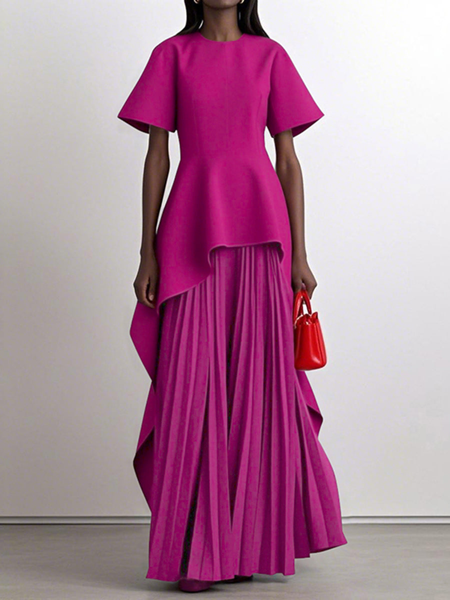 Olivia Bennet | A-Line High Waisted Pleated Solid Color Split-Joint Round-Neck Maxi Dresses