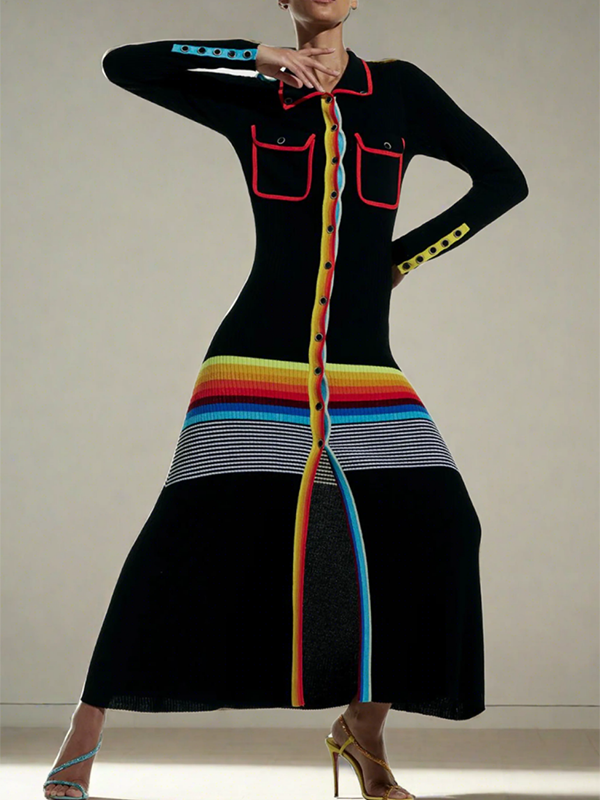 Olivia Bennet | Long Sleeves Skinny Buttoned Contrast Color Striped Lapel Maxi Dresses Shirt Dress