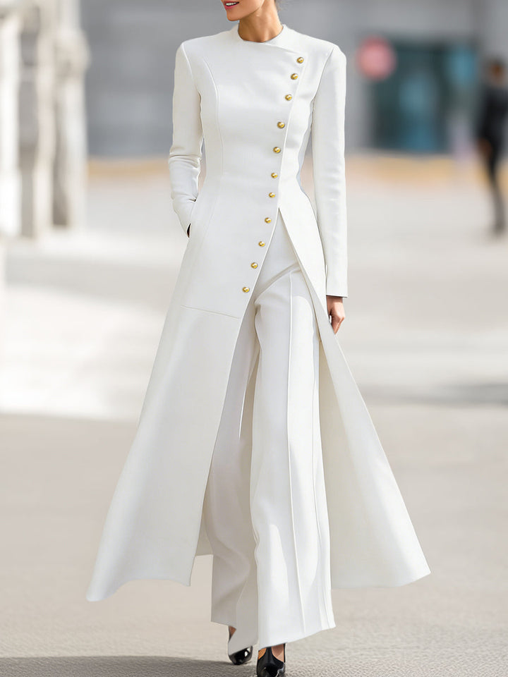 Olivia Bennet | High Waisted Long Sleeves Buttoned Solid Color Split-Front Round-Neck Midi Dresses