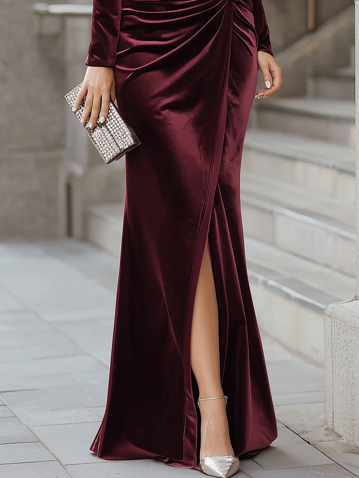 Olivia Bennet | Burgundy One-Shoulder Velvet Evening Gown