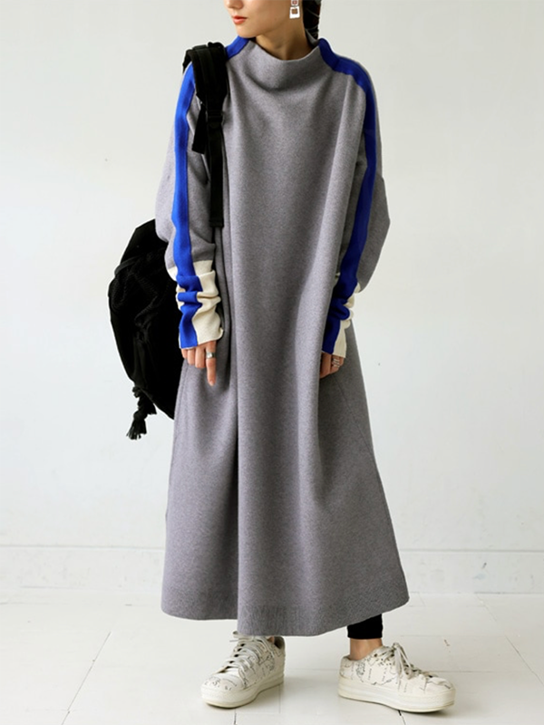 Olivia Bennet | Long Sleeves Loose Contrast Color Stand Collar Maxi Dresses