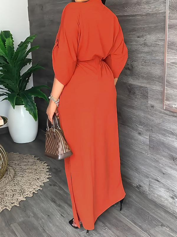 Olivia Bennet | Loose Drawstring Solid Color Split-Side V-Neck Maxi Dresses