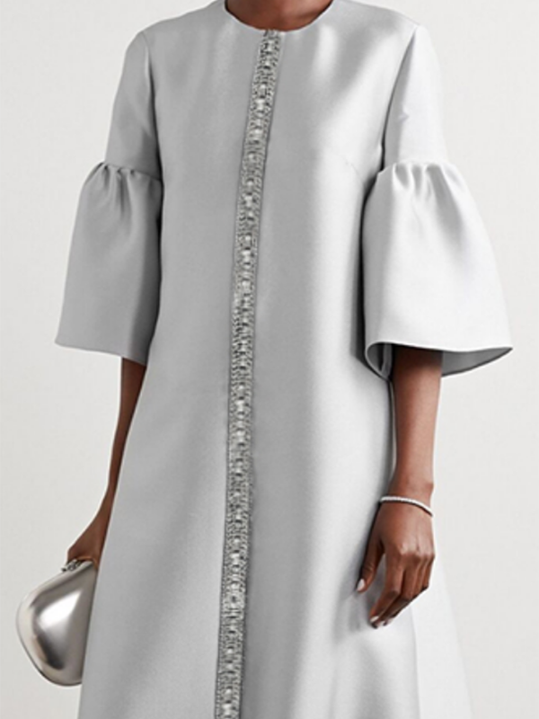 Olivia Bennet | Flared Sleeves Half Sleeves Shiny Solid Color Round-Neck Midi Dresses