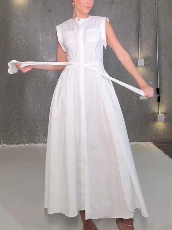 Olivia Bennet | Cap Sleeve Loose Buttoned Solid Color Split-Side Tied Waist Maxi Dresses Shirt Dress