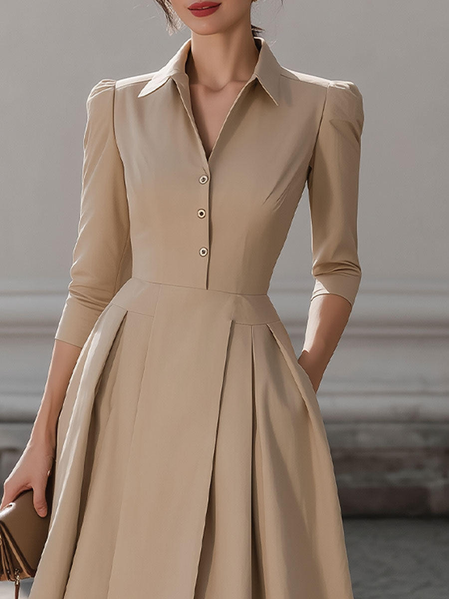 Olivia Bennet | Beige Shirt-Collar Pleated Midi Dress