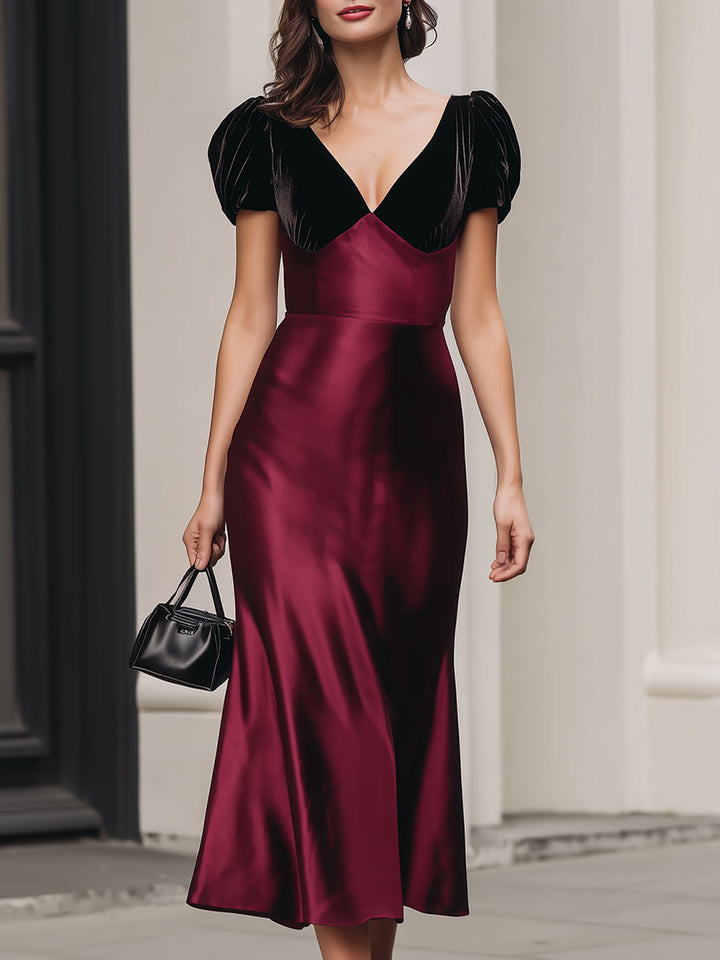 Olivia Bennet | Burgundy with Black Velvet Puff-Sleeves Satin Midi Dress