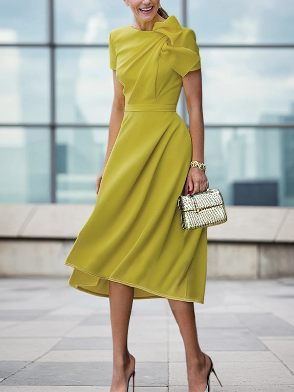 Olivia Bennet | Loose Short Sleeves Pleated Solid Color Split-Joint Round-Neck Evening Dresses Midi Dresses